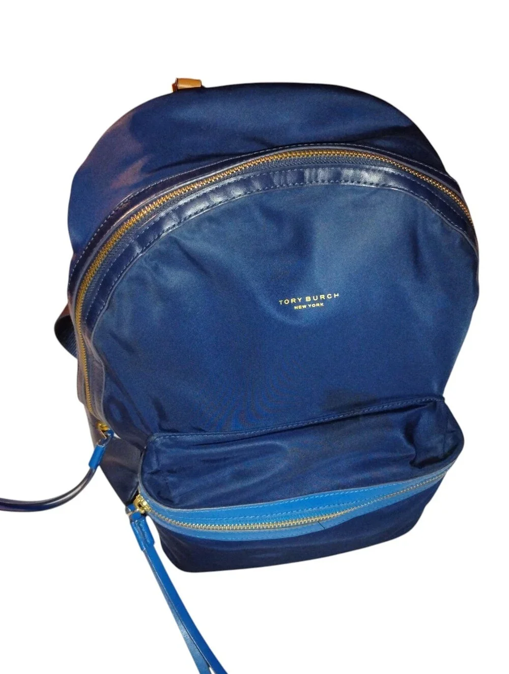 Tory Burch Perry Nylon Colorblock Zip Backpack in Royal Navy and Cobalt Blue.